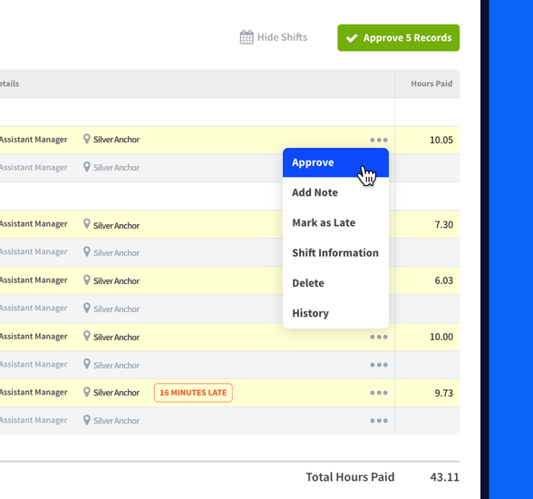An employee timesheet in RotaCloud with green 'Approve 5 records' button.