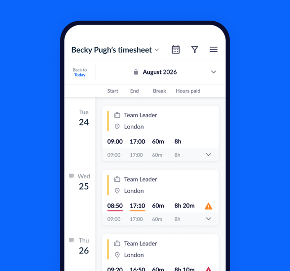 Mobile view of an employee timesheet showing some shifts with the corresponding job role, location and clock in times, the second shift shows an orange warning symbol as the employee worked longer than their planned hours.