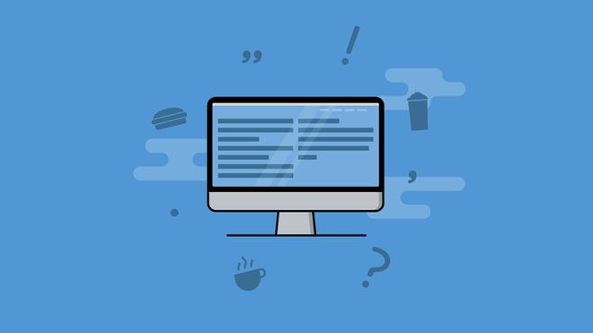 Cartoon of a computer screen surrounded by floating food and drink icons