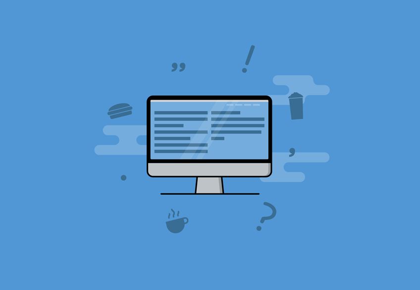 Cartoon of a computer screen surrounded by floating food and drink icons