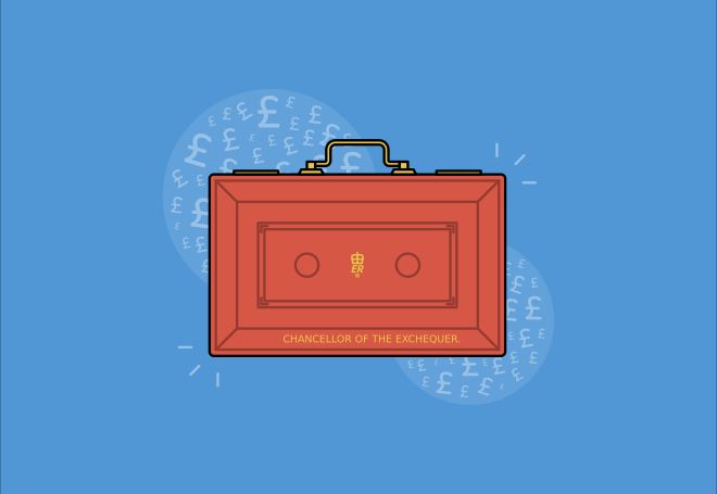 Cartoon image of a red government budget chest 
