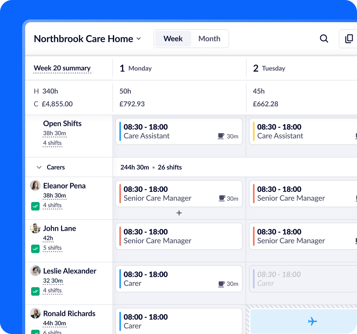 Rota in RotaCloud showing calendar containing shifts, employee names and a row of open shifts available to claim.