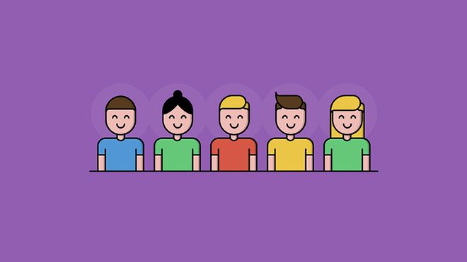 Cartoon of smiling people wearing brightly coloured t-shirts standing in a row 