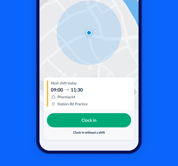 A street map on smartphone with location dot, shift details, a green clock in button and a smaller Click in with a shift option.