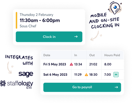 An example timesheet in RotaCloud with clocking in and out records and a green 'clock in' button.