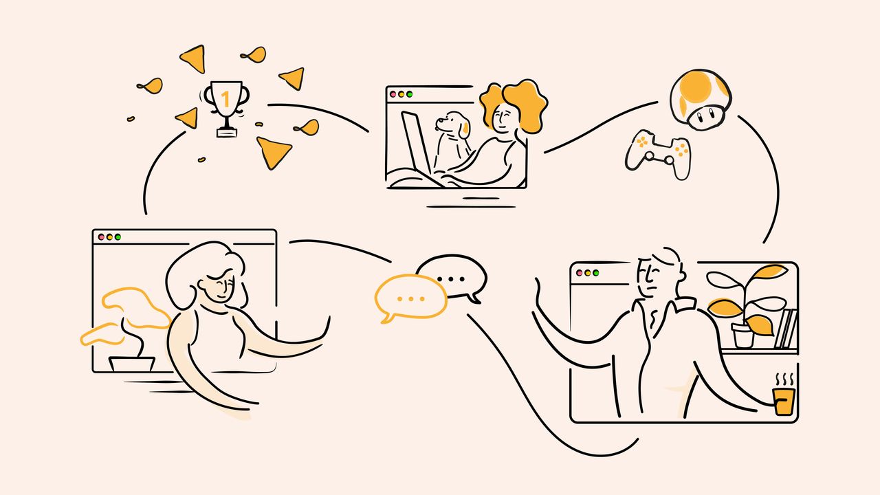 Cartoon image of employees in web call windows chatting