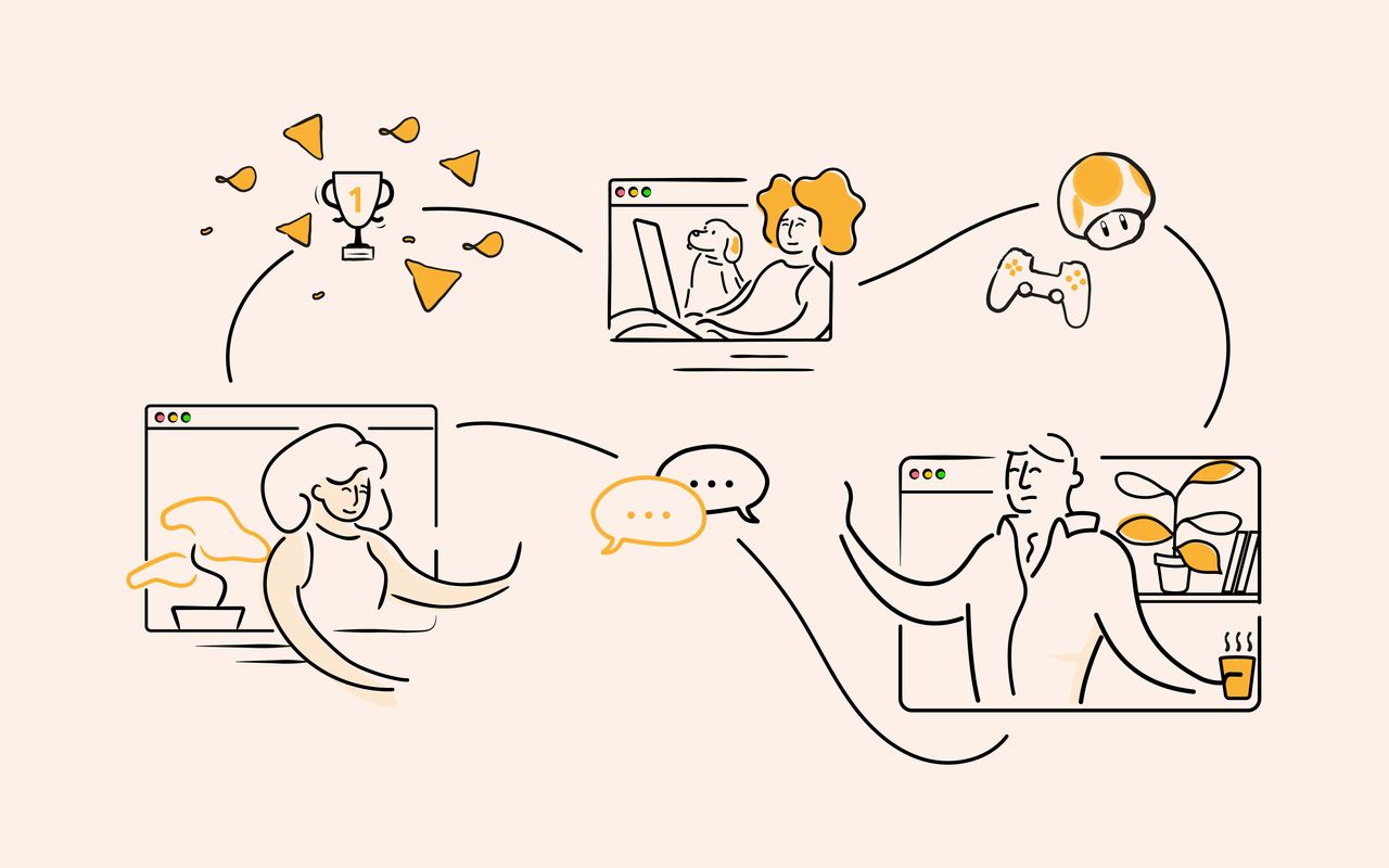 Cartoon image of employees in web call windows chatting