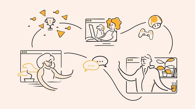 Cartoon image of employees in web call windows chatting