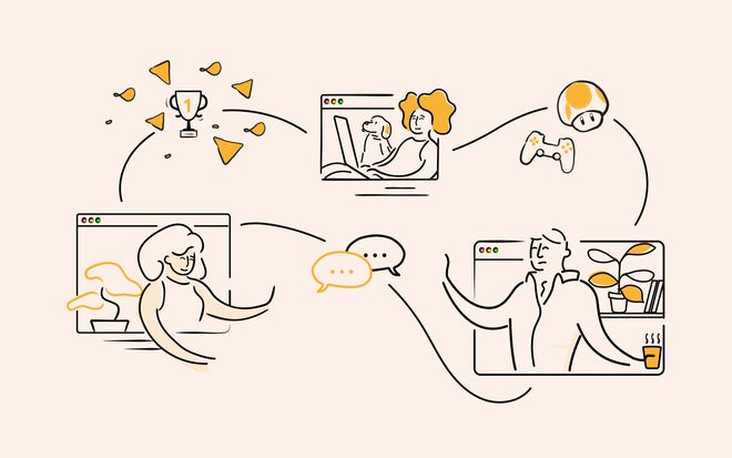 Cartoon image of employees in web call windows chatting