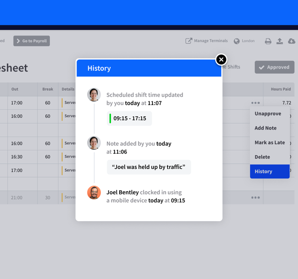 Employee timesheet history popup showing scheduled shift times, notes added by manager, and clock-in record.