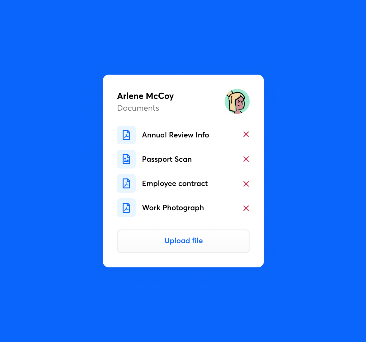 List of an employee's stored documents in RotaCloud including annual review info, passport scan, contract, photo.