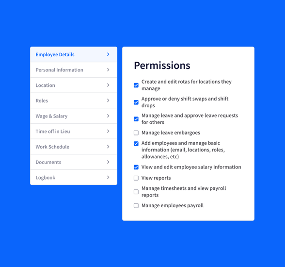 manager profile in RotaCloud with check boxes for a variety of user permissions covering rota creation and management, reports, timesheets and payroll.