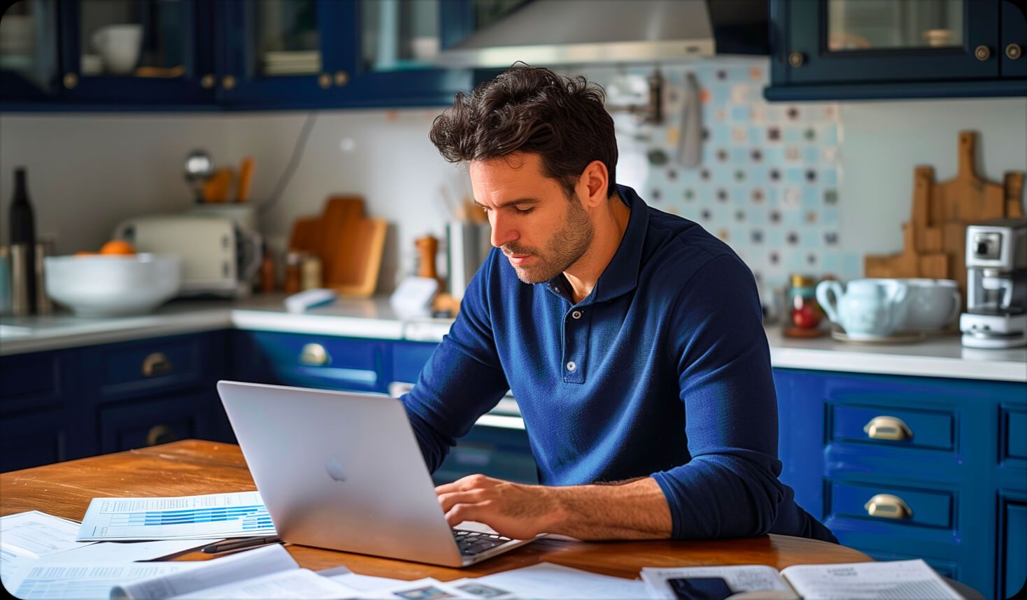 Person at a laptop working from home in a kitchen/dining room.