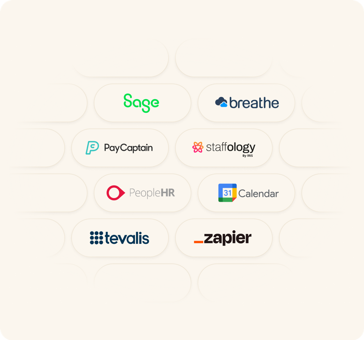 Transparent pills, showing logos for Sage, Breathe, PayCaptain, Staffology, PeopleHR, Google Calendar, Tevalis and Zapier which Rotacloud integrates with.