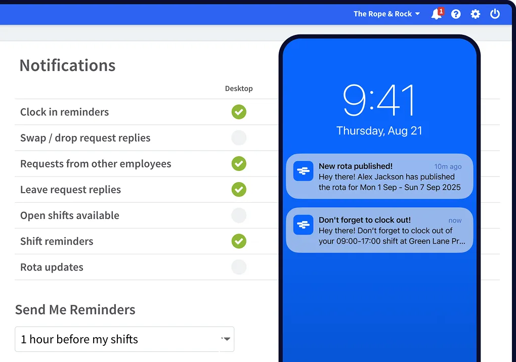 Mobile notification view showing RotaCloud push alerts for new rotas and a clock-out reminder.