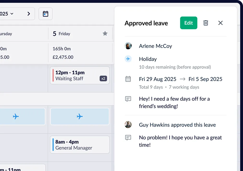 Screenshot of approved holidays and staff availability automatically blocked out on the rota in RotaCloud.