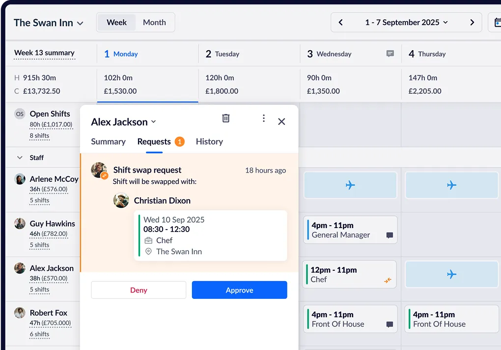 Screenshot of a shit swap request in RotaCloud for managers to approve or deny in one tap.