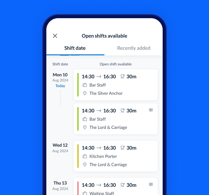 A list of open shifts available in the RotaCloud mobile app, including several bar staff and kitchen porter shifts, including shift times, break times, and location.