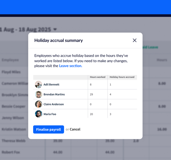 A summary of holiday accrual in RotaCloud, showing how many hours staff have worked and how many holiday hours they have accrued.