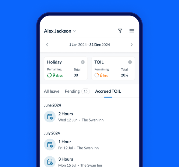 A smartphone screenshot showing an employee's holiday and time off in lieu allowances for the leave year, including details of TOIL accrual.