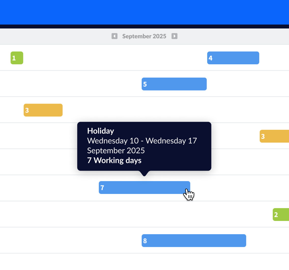 A monthly view of leave in RotaCloud, with colour coded blocks for different types of leave. The user has highlight a block of holiday lasting seven working days.
