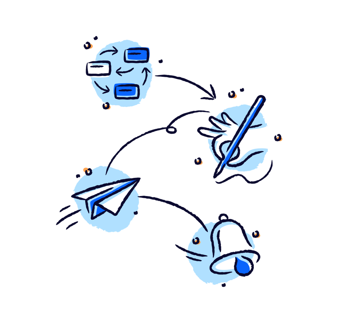 Hand-drawn doodles showing shifts swapping, a hand holding a pencil, a paper plane, and a notification bell.