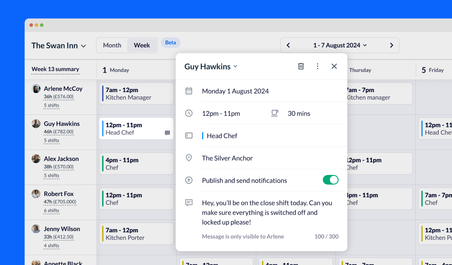 Screenshot of Rotacloud showing details of a Head Chef shift with notes for the employee.