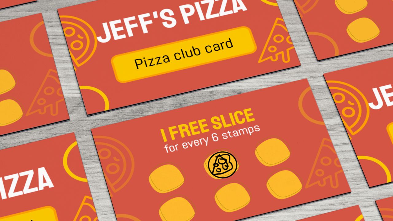 Rows of red-and-yellow stamp cards for "Jeff's Pizza" with one stamp completed