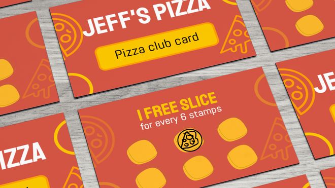 Rows of red-and-yellow stamp cards for "Jeff's Pizza" with one stamp completed