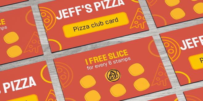 Rows of red-and-yellow stamp cards for "Jeff's Pizza" with one stamp completed