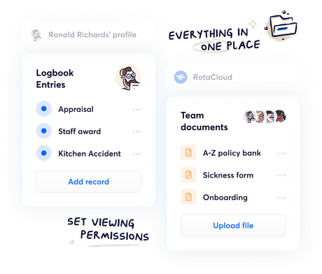 A selection of HR tool screenshots from RotaCloud, including an employee's logbook entries, a list of team documents, and caption text reading 'Everything in one place' and 'Set viewing permissions'.