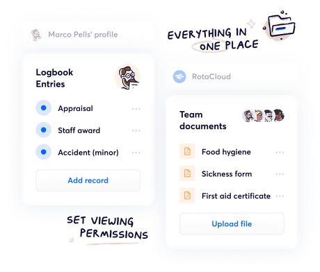 Logbook entry and team documents list in RotaCloud.