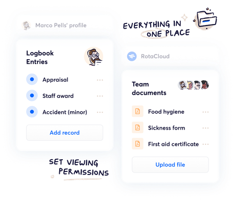 Logbook entry and team documents list in RotaCloud.
