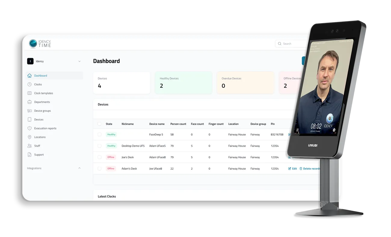 Screenshot of Idency dashboard, and product shot of Idency clock-in terminal