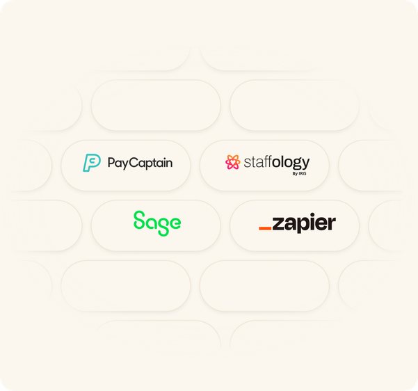 App/software logos for PayCaptain, Staffology, Sage, and Zapier.