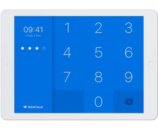 The RotaCloud terminal app on an iPad, featuring a large numpad for users to enter their pin.