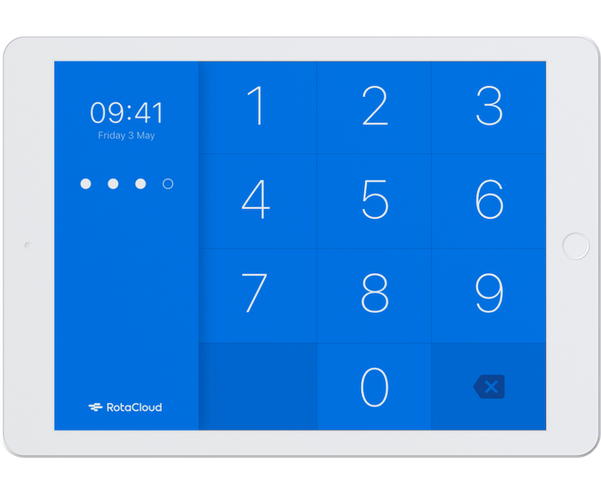 The RotaCloud terminal app on an iPad, featuring a large numpad for users to enter their pin.