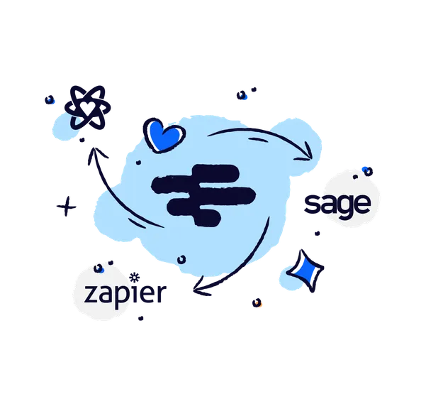 Black RotaCloud logo surrounded by circling stars, arrows, and logos for Sage and Zapier.