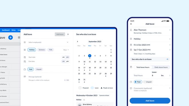 Feature image showing RotaCloud web app on a laptop screen and mobile app on a mobile device