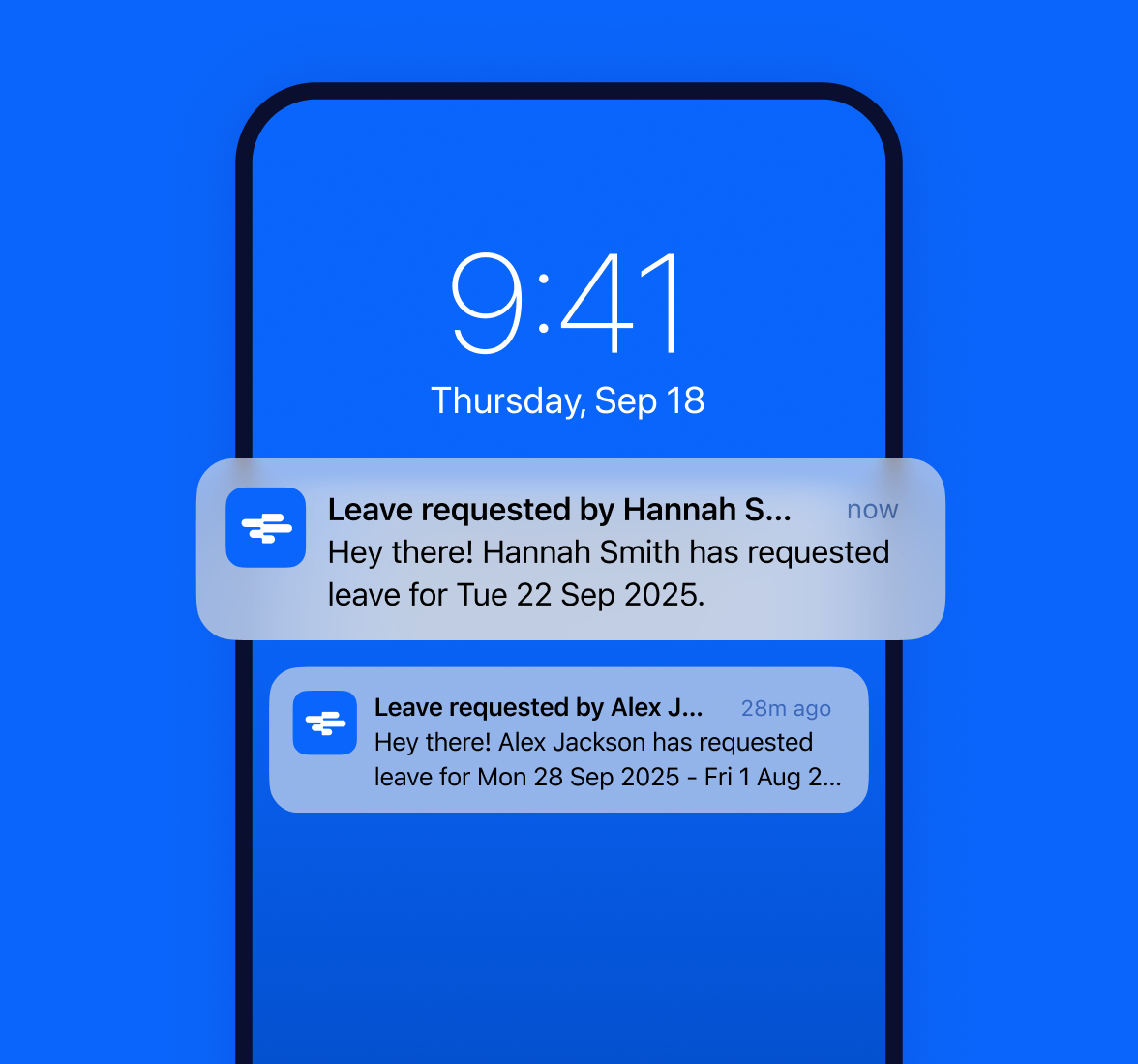 Leave request push notifications received by a manager on a smartphone.