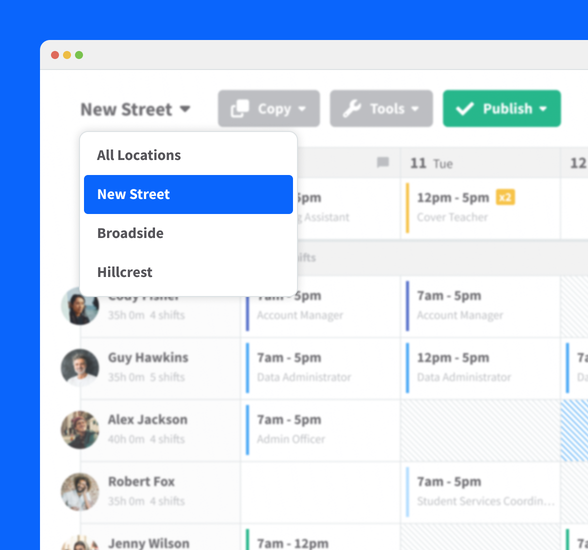 A rota in RotaCloud showing a list of locations, or separate rotas, that may be managed by different managers.