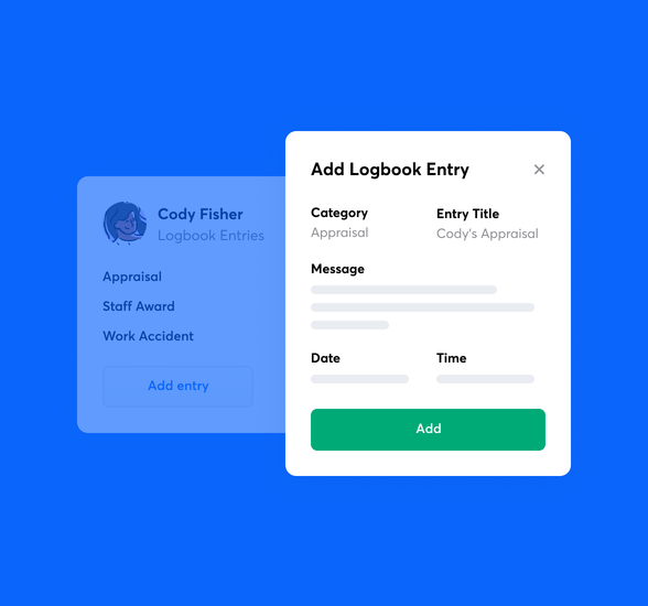 Creating a logbook entry in RotaCloud for an employee appraisal showing the Category, Entry Title, Message, Date & Time sections.