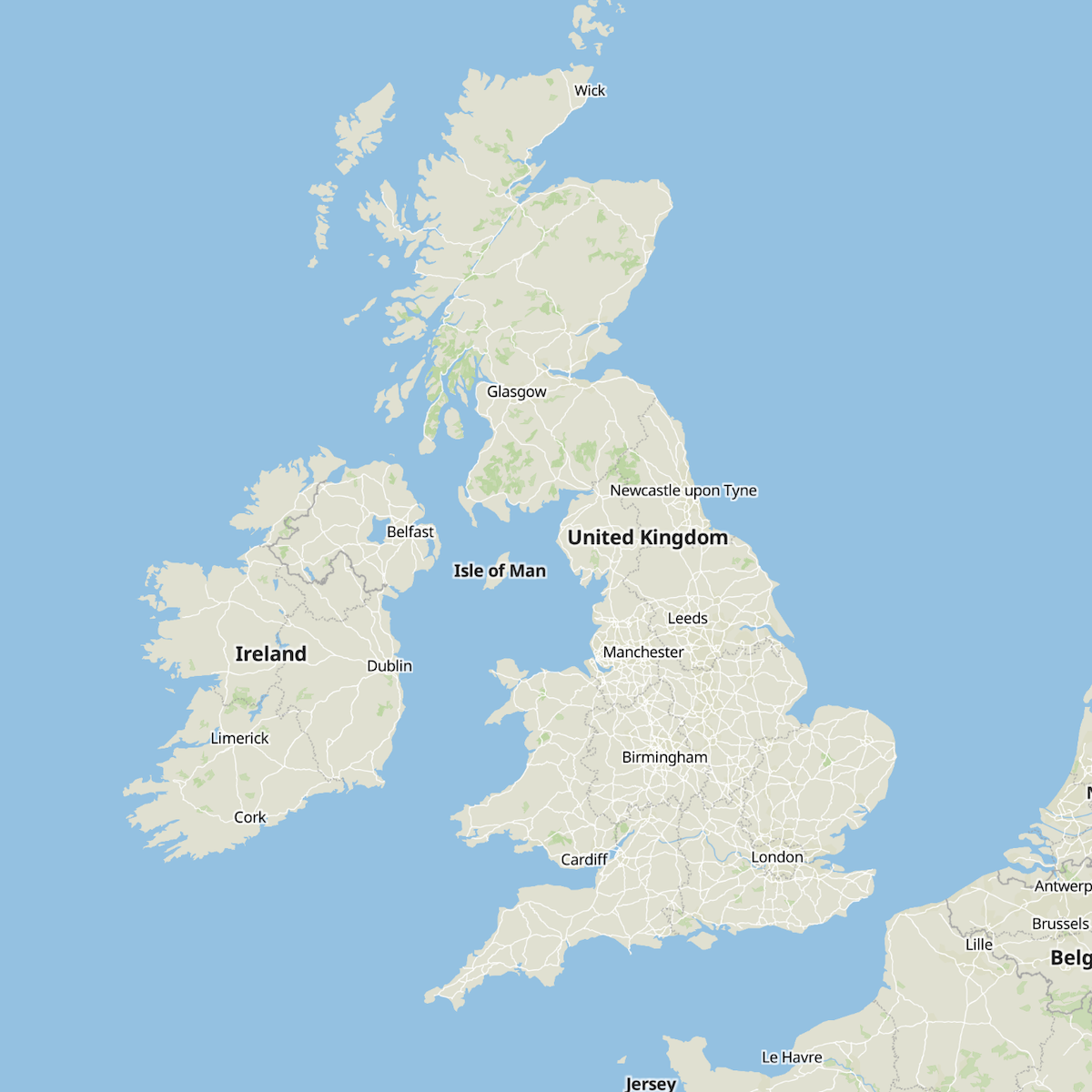 Map of northern Europe with a pointer centred on York, UK