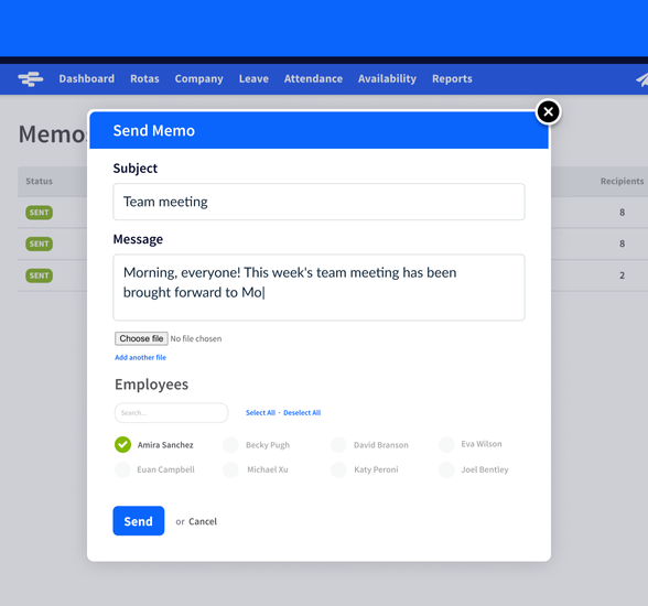 A memo creation screen in RotaCloud containing subject line, message box, recipients, and a blue Send Memo button.
