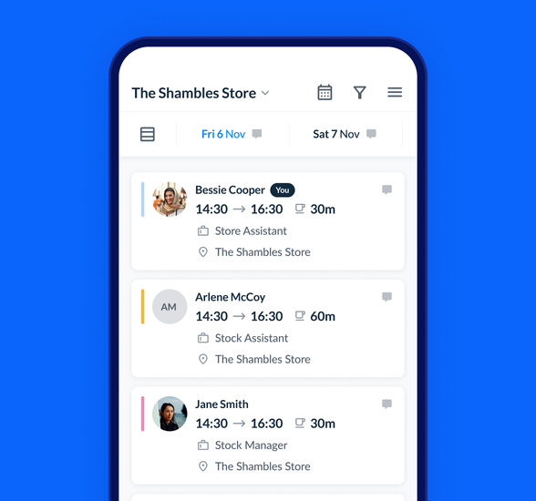 The RotaCloud mobile app on a smartphone, showing the shifts for a shop manager and their staff.