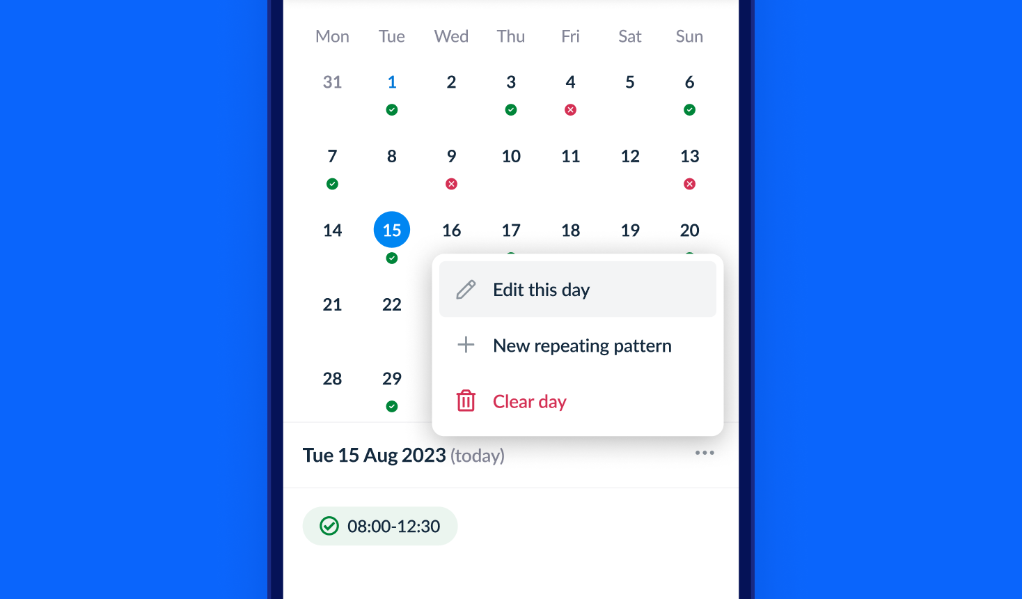 Mobile app screen showing shift availability on a calendar, marked with green checks and red crosses.