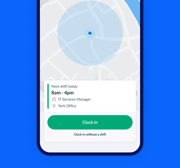 A street map on smartphone with location dot above the shift details and a green 'Clock in' button.