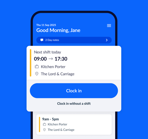 A shift clock-in prompt on a smartphone screen with ‘Clock in’ button, with shift time, role and location.