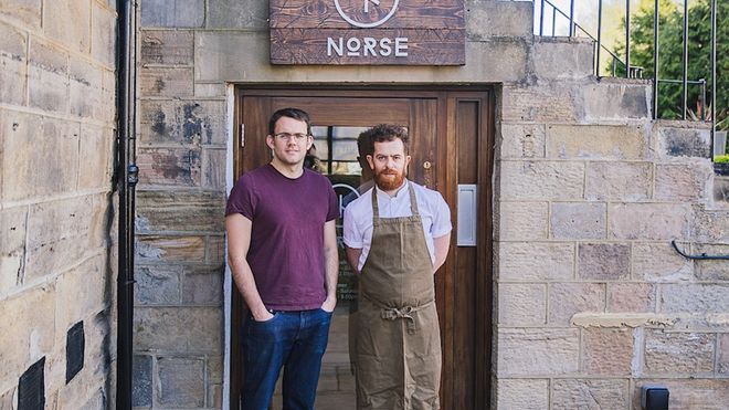 Norse owner Paul Rawlinson with chef outside the Norse restaurant entrance
