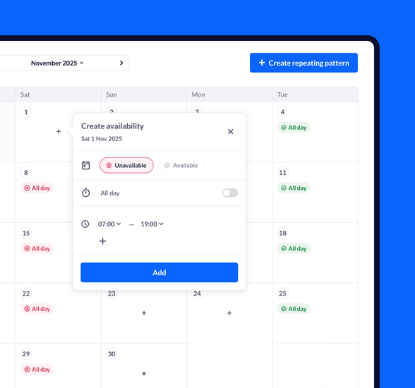 Staff availability screen in RotaCloud where a user can add availability or unavailability patterns, including a slider to select whether their status lasts all day.
